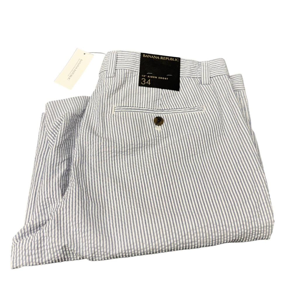 Banana Republic Aiden Shorts Mens 34 (35x10 ACTUAL) Blue Seersucker Coastal NEW